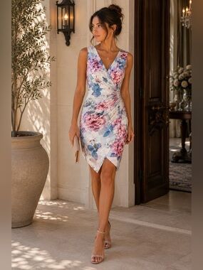 NWT AngelEye London Floral Midi Sheath Dress | Wedding Guest | UK 10 US 6